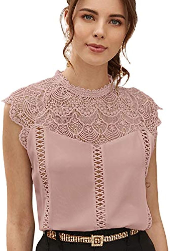 SheIn Women's Elegant Cap Sleeve Keyhole Contrast Lace Blouses Tops