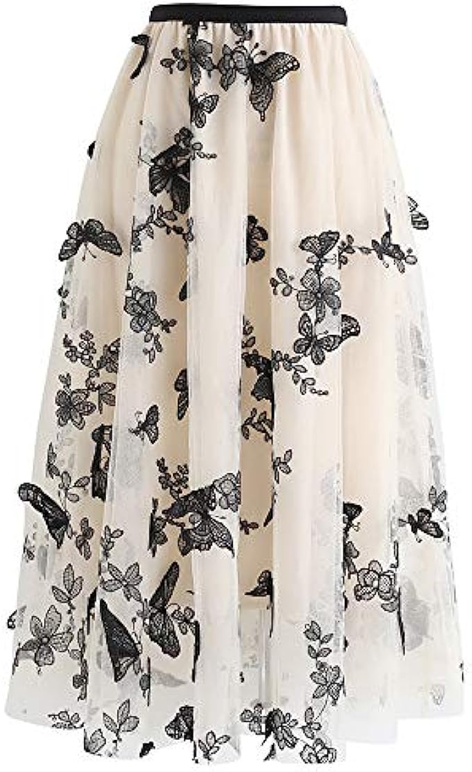 CHICWISH Women's Caramel/Dusty Blue/White/Black 3D Posy Double-Layered Mesh Midi Skirt