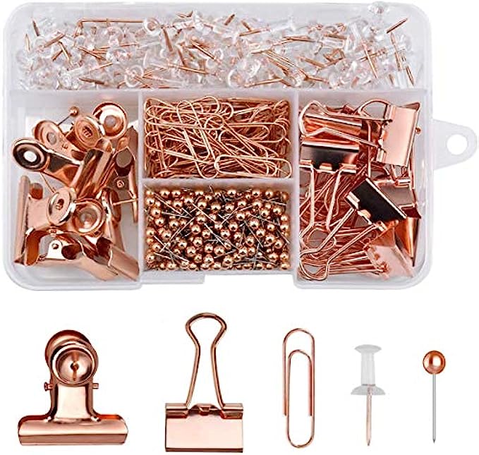 HQDeal 500PCS Rose Gold Office Stationery Set, 100Pcs Push Pins+80Pcs Paper Clips+300Pcs Round Head Pins+14Pcs Binder Clips+6Pcs Bulldog Clips with Push Pins Clips for Home School Office Supplies