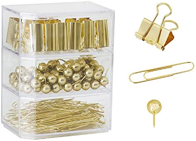 Gold Binder Paper Clips Set,182pcs Large Paper Clips,Binder Clips,Push pins, Office Supplies Clips for Women,Desk Accessory